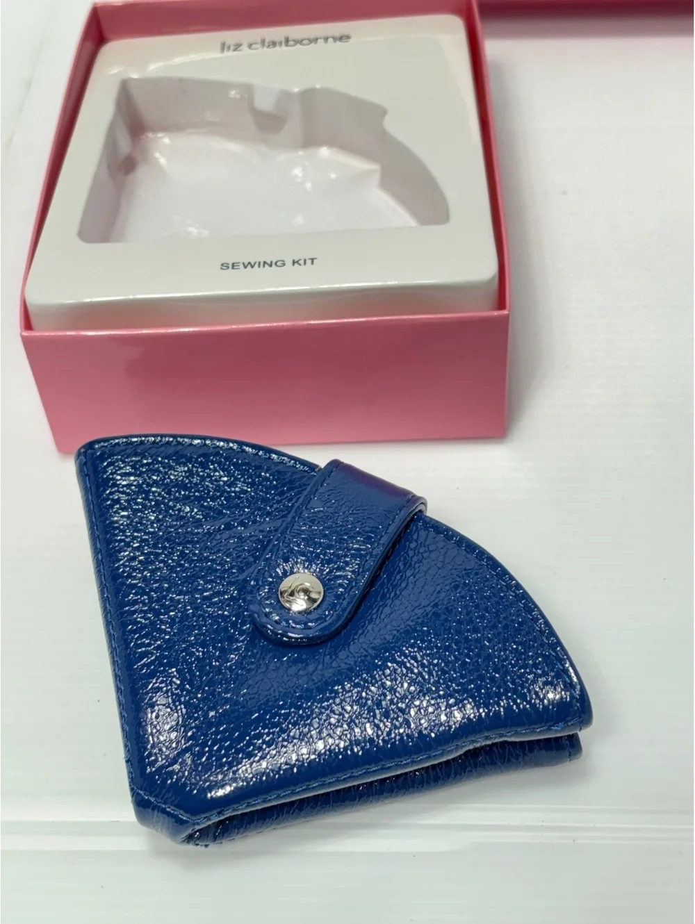 Liz Claiborne Compact Navy Blue Sewing Kit with Scissors, Tape Measure, and Pins